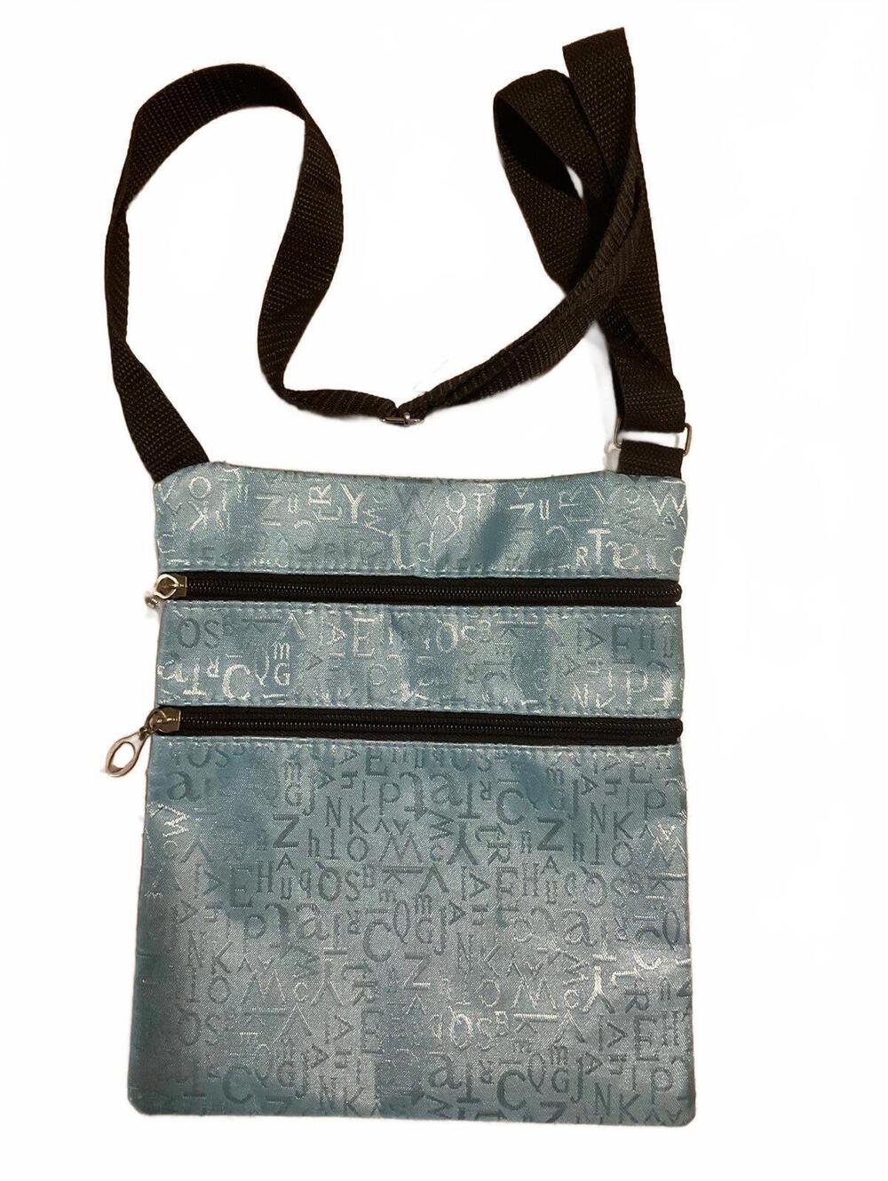 3 POCKET CROSSBODY SATCHEL LIGHTWEIGHT 4 OZ AQUA WITH SHIMMERY LETTERS